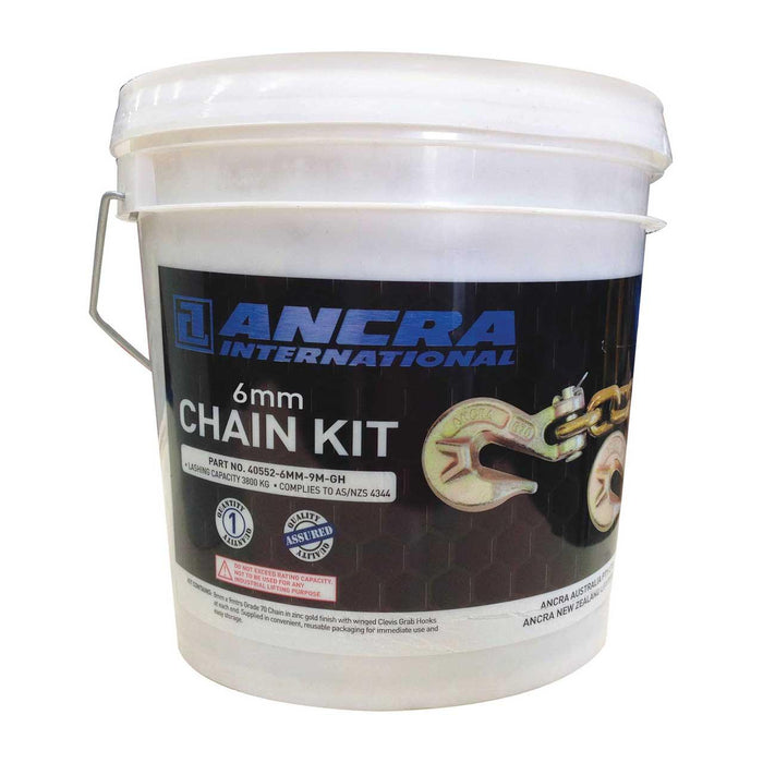 Ancra 6mm x 9m Chain Kit complete with two Winged Grab Hooks electroplated gold to resist oxidization