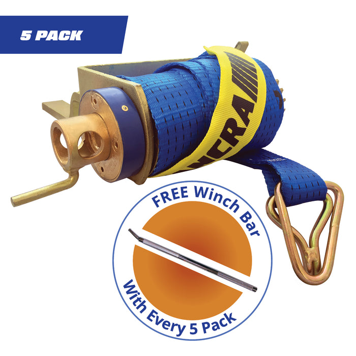 5 Pack Clip-On Ratchet Cap Winch c/w 50mm x 9m Strap